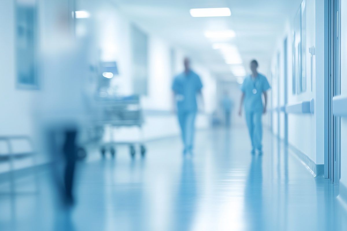 Clinical staff walking along a hospital corridor